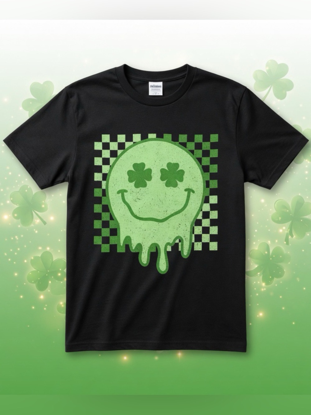 🟢3/$15 Vintage Black Shamrock Smiley Face Checkerboard Graphic Tee